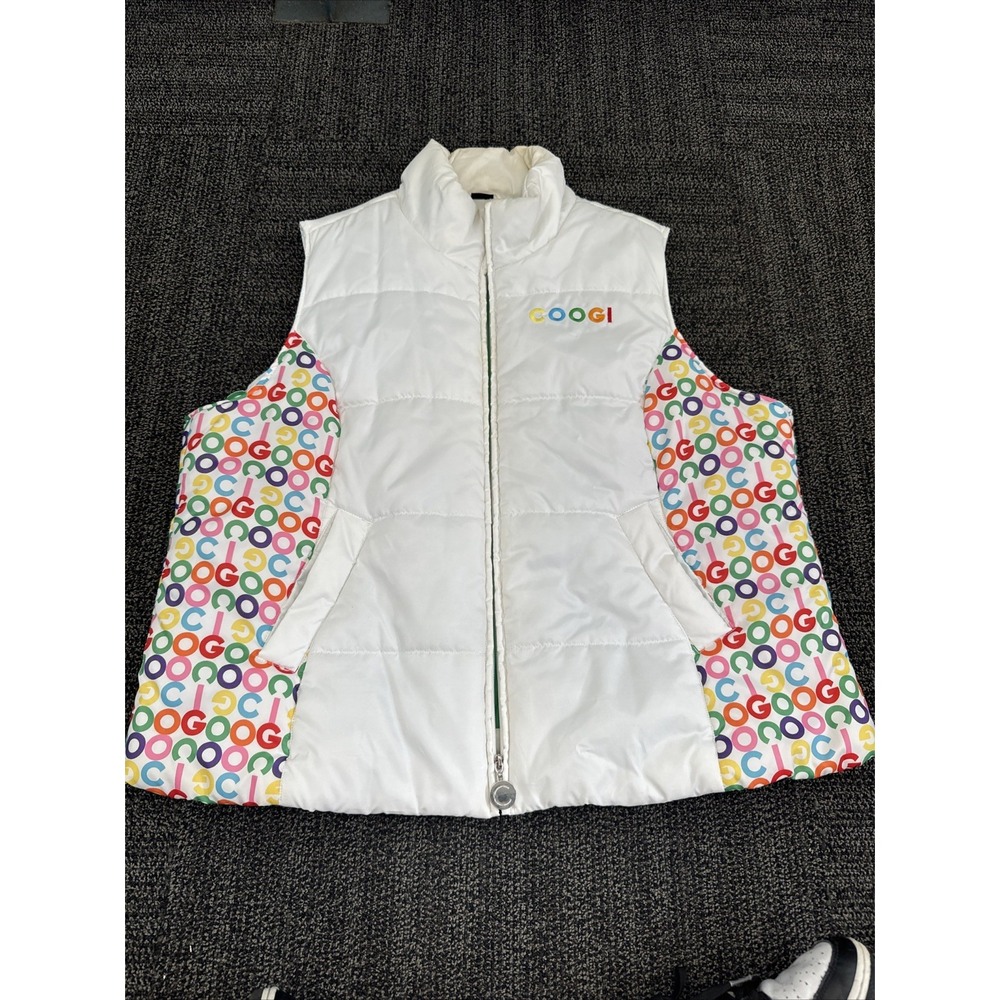 WOMENS COOGI WHITE & RAINBOW‎ SNOW PUFFER VEST SIZE 3X